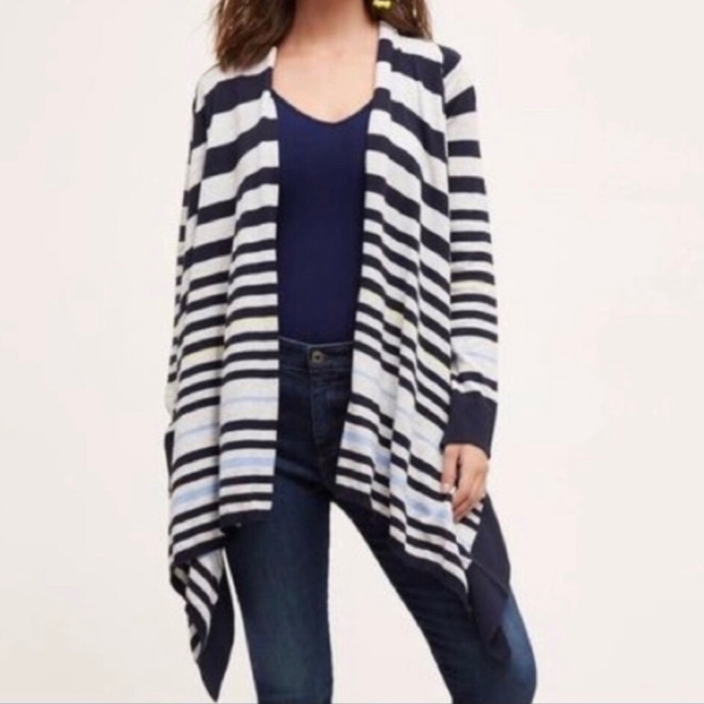 Anthropologie Moth | Grey/Blue/Yellow Striped Tie Waist Cardigan *NWT* - Picture 3 of 16